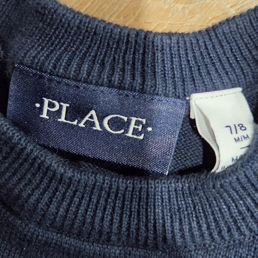 The Childrens Place Boys Navy Blue Grey Striped Colorblock Cotton Sweater 7/8 M